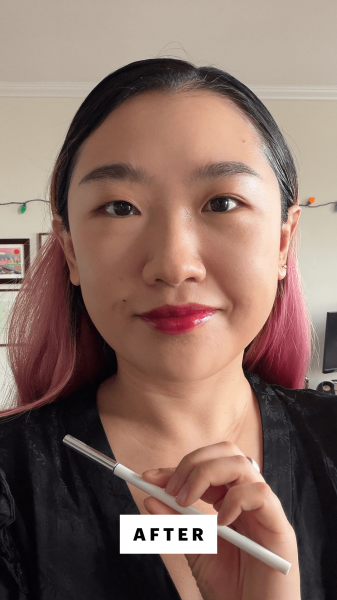A selfie of Allure commerce editor Sarah Han after applying Glossier Boy Brow Arch