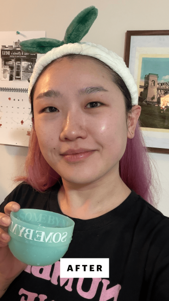 A selfie of Allure commerce editor Sarah Han after using the Some By Mi PDRN Spirulina Soothing Sherbet Mask